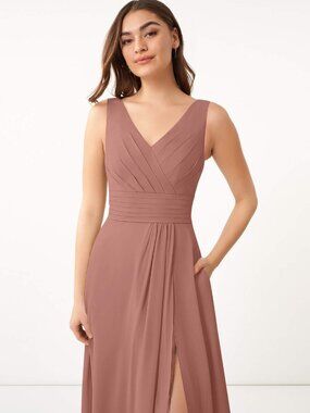 Azazie | Dresses | Aline Side Slit Stretch Satin Floorlength Dress Dusty  Blue